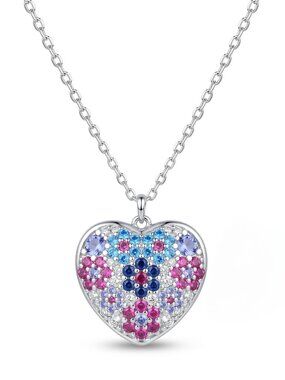 Blue & Pink Mosaic Heart Gemstone Necklace, 925 Sterling Silver Y2K Aesthetic